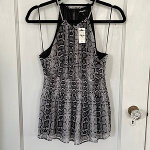 Express Snake Print High Neck Smocked Peplum Top, Small
